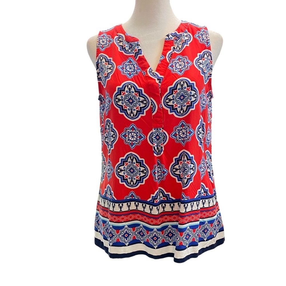 Crown & Ivy Bold Red and Blue Coastal Boating Blouse Lobster size M sleeveless
